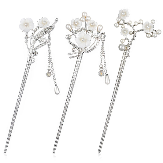 3-Piece Silver Alloy Hair Sticks with Faux Pearl Decoration, Vintage Chinese Style Rhinestone Hair Chopsticks for Women, Weddings, Parties and Daily Use, 5.9 Inch Length