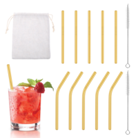 10 Pack Short Metal Straws Gold Metal Straws Reusable Stainless Steel Straw 5 Straight 5 Bent 5Inch Cocktails Straw with 2 Cleaning Brush for Coffee Mugs, Small Glasses or Cups