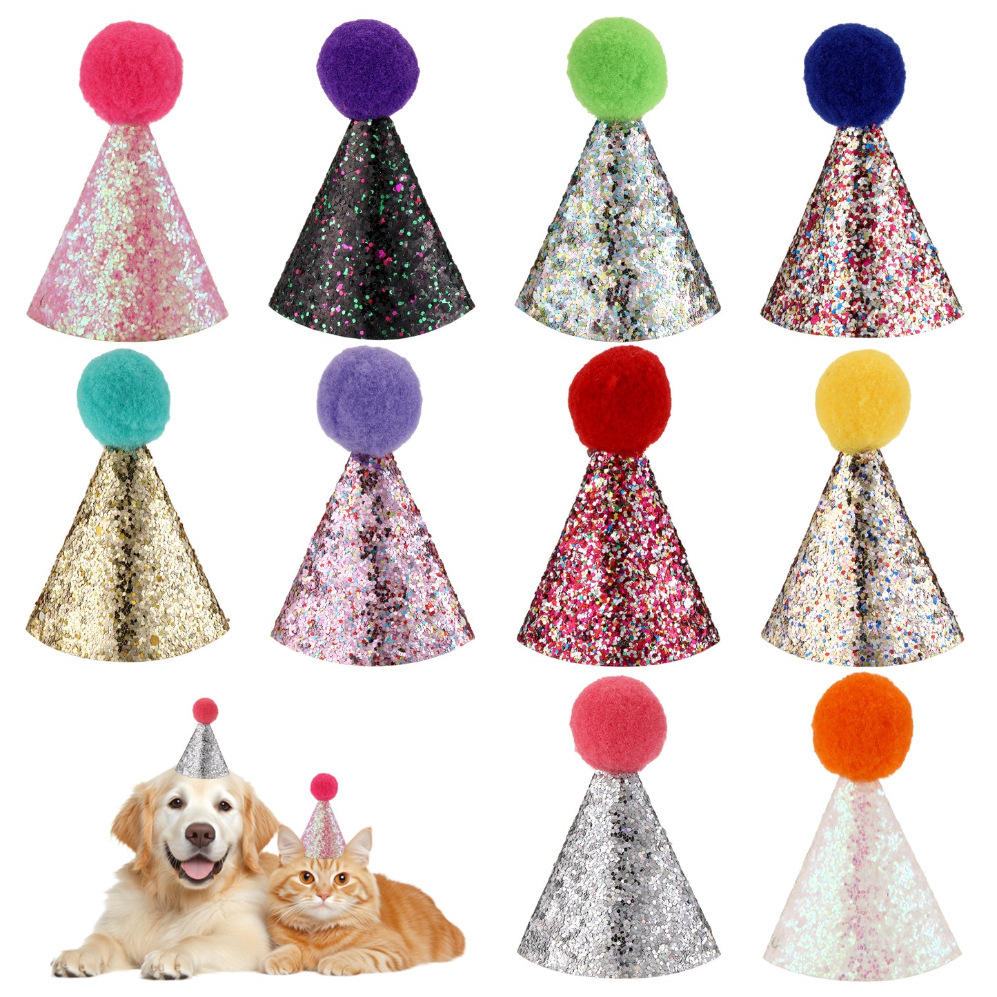 10 Pack Small Party Hats with Sequins Mini Party Hats for Stuffed Animals Dog Birthday Hat Adjustable Puppy Hat for Small Dogs Cats Animals