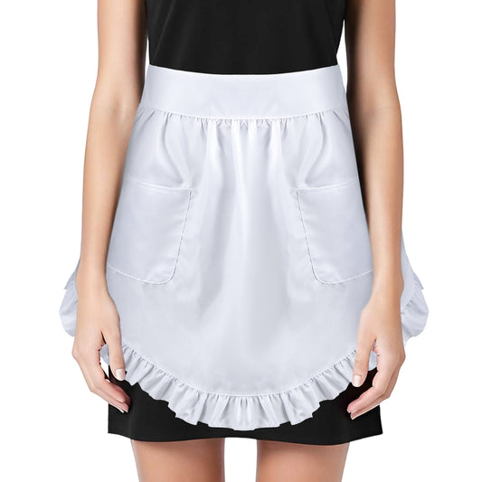 SynHHergyx Women's Waist Apron with 2 Pockets White Half Aprons for Women Ruffle Waitress Apron Vintage Skirt for Kitchen Cooking Restaurant Party