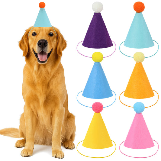 6PCS Mini Party Hats for Stuffed Animals, Mini Party Hat with Adjustable Headbands, Birthday Partys Cone Hats, Dog Birthday Hat Set for Small Medium Dogs Cat Puppies
