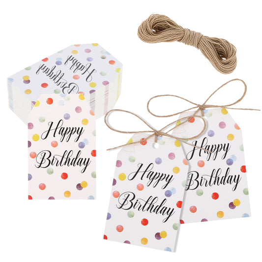 100 Pcs Birthday Gift Tags Happy Birthday Gift Tags with String Colorful Dot Birthdays Gifts Bag Tag Paper Present Labels for Birthdays Party Favor Decoration