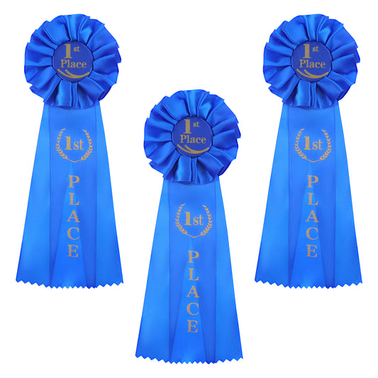 3 Pcs Blue Award Ribbon 1st Place Rosette Ribbons Grand Prize Ribbon Winner Victory Ribbon, First Place Participation Medal Ribbons Deluxe Recognition Ribbons for Classroom Winner Certificate Prize
