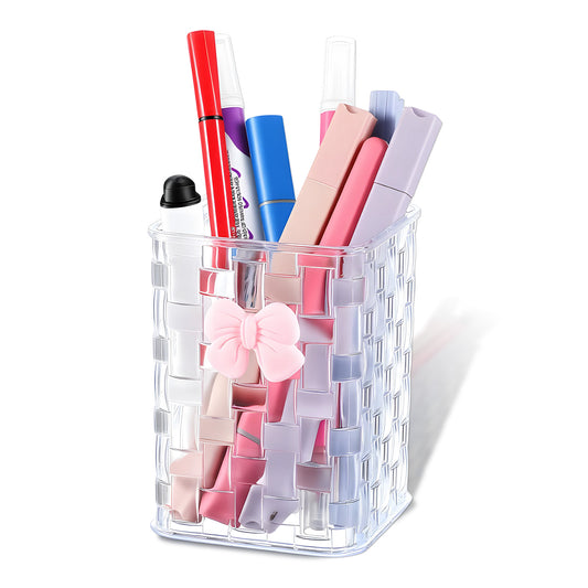 Artistic Acrylic Pen Holder Cute, Clear Makeup Brush Holders with Woven Texture and a Pink Bow, Transparent Stylish Pencil Holder for Desk, Clear Pencil Organizer Pen Caddy for Desk School Accessories