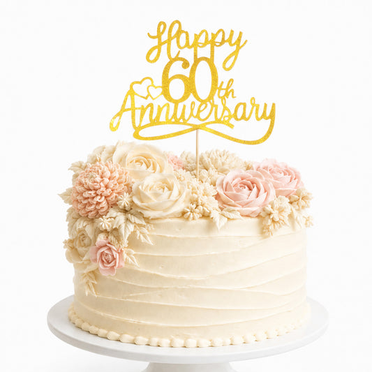 Golden Glitter Happy 60th Anniversary Cake Toppers