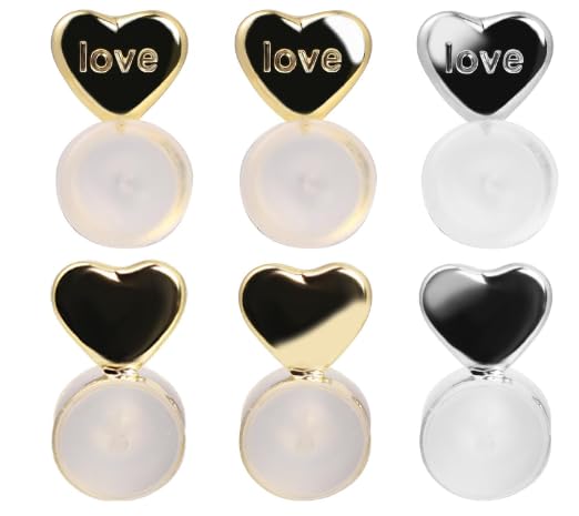 12 Pcs Silicone Earring Backs Earring Lifter for Heavy Earring Rubber Earlobe Support Backs Replacements Secure Earring Backings for Studs Droopy Ears, Silver Gold Love Heart Shape, 6 Pairs