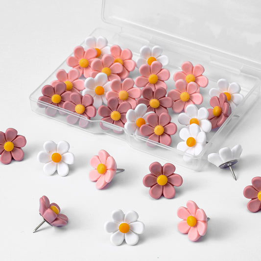 30 Pcs Flower Push Pins Pink Cute Push Pins for Bulletin Board, 3 Colors Decorative Floral Pin Thumb Tacks for Corkboard, Office Decor, Hanging Photo Poster Wall