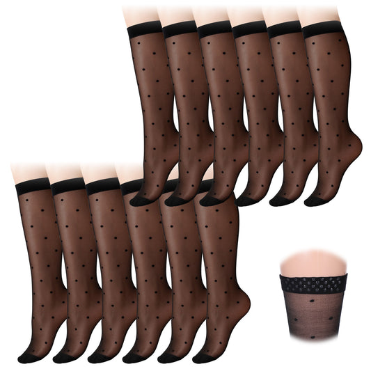 FdcLixuvol 6 Pairs Women's Sheer Knee High Stockings, Black Polka Dot Pattern Socks with Anti-Slip Adhesive Dots, Stretchy Breathable Nylon Retro Vintage Style for Summer Party Various Occasions