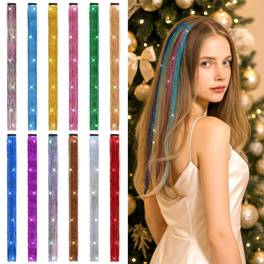 Hair Tinsel Kit Clip In Tinsel Hair Extensions 12 Colors Glitter Fairy Hairs Tinsels Kit Clips 19.7 Inch Sparking Hairpieces Colorful Hairs Accessories for Girls Women
