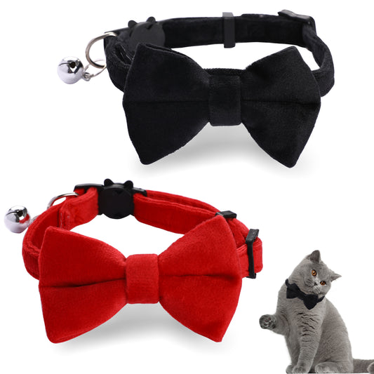 2 Pcs Velvet Bowtie Cat Collar with Bell Adjustable Breakaway Cat Collars Kitten Small Puppy Safety Bow Tie Solid Wedding Red Cat Collar for Boy Girl Cats