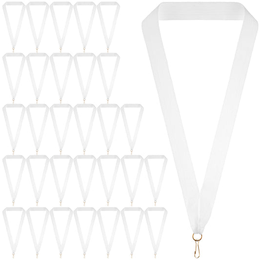 EupHHonycs 30 Pcs Award Ribbon Polyester Medal Ribbons with Snap Clips Blank Neck Ribbons Participation Ribbon Lanyards Flat Award Holder for Competitions Sports Meeting Party Student Awards White
