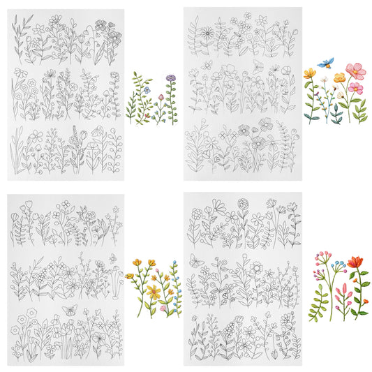Water Soluble Embroidery Stabilizer, 4 Sheets Water Soluble Stabilizer for Embroidery Patterns Stick and Stitch Embroidery-Paper Designs Transfer Paper with Pre-Printed Flower Leave for Hand Sewing