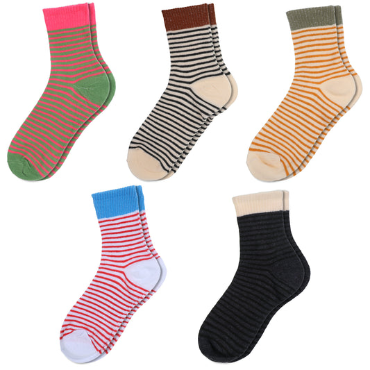 5 Pairs Women's Socks, Retro Style Striped Polyester Crew, Vintage Colorful Casual Aesthetic Fun Cute Casual Ankle Socks Soft Athletic Style Novelty Sports Autumn Sock for Ladies