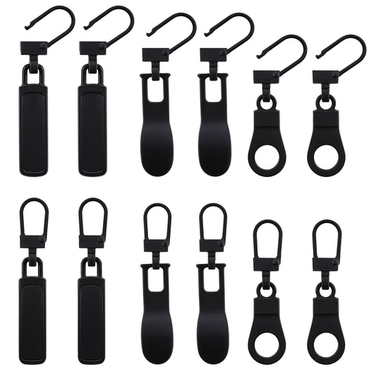 Psyqtsuary Zipper Pull Replacement, 12 Pcs Black Zipper Pulls Detachable Zipper Pull Tab for Clothing Backpacks Jackets Pants Luggage Suitcase Purse Coat (3 Styles)