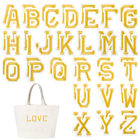 Iron on Letters for Clothing, 52 Pcs Gold Iron on Letter Patches Alphabet A-Z Embroidered Patches with Ironed Adhesive Decorative Sew on Letters Patch for Jackets, Coats, Shirts, Hats, Bags, Jeans