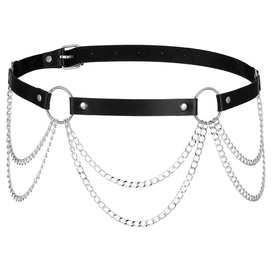 Black Waist Chain, Goth Leather Belts, Punk Leather Body Accessories, Body Chain Jewelry for Women