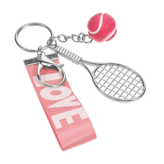 Psyqtsuary Tennis Keychain, Pink Mini Tennis Racket with Ball Keychains Key Ring Mini Cute Racket Ball Keychains Perfect Gifts Metal Baseball Key chain for Women Men Girl Boy Gift