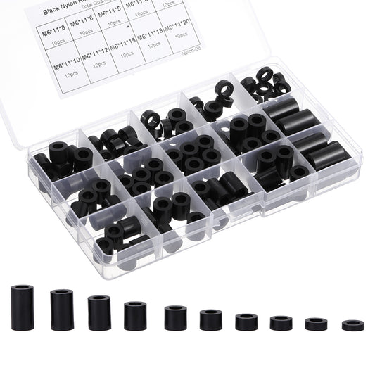 100 PCS Black Nylon Round Spacer Assortment Kit Id 6.2mm,Od 11mm, 3mm 4mm 5mm 6mm 8mm 10mm 15mm 18mm 20mm Length Nylon Round Outlet Spacers Non-threaded, Suitable for M6 Screws Hardware Spacer Bracket