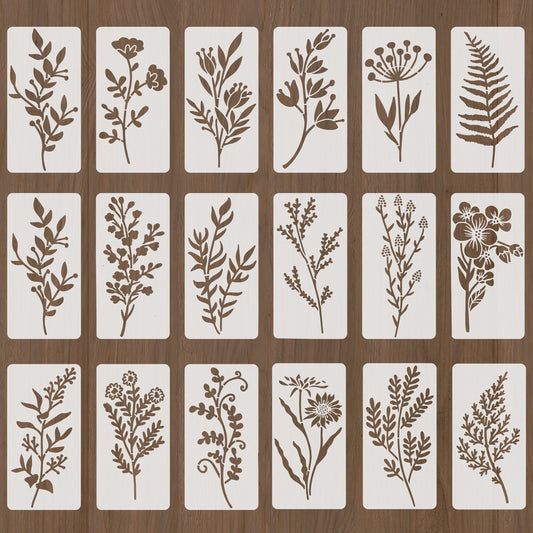 6x3 in Stencils for Painting, Reusable Flower Stencils Small Wildflower Floral Paint Stencil for Painting on Wood Card Making Flower Templates on Wood Furniture Wall Rocks Canvas Fabric Glass, 18PCS