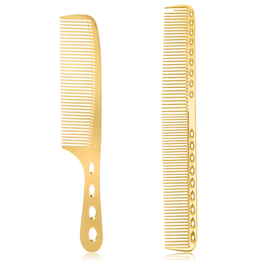 Metal Comb for Men, 2 PCS Fine Tooth Comb Aluminum Cutting Comb Metal Hair Styling Comb Set Metal Rat Tail Comb Professional Barber Comb, Detangling Comb Anti Static Metal Combs for Hair Women, Gold