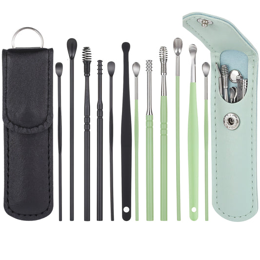 12 Pcs Ear Wax Removal Kit Stainless Steel Ear Cleaning Tool Safe Professional Earwax Removal Kit Earpick with Leather Storage Box