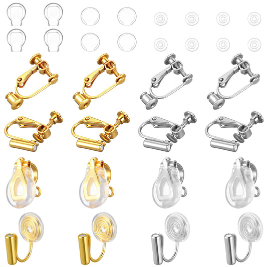 16 PCS Silver Gold Clip on Earring Converter with Silicone Pads Earrings Converters Pierced to Clip, Metal Flat Earring Backs Adjustable Earrings Backings Making Components Findings for Jewelry Making