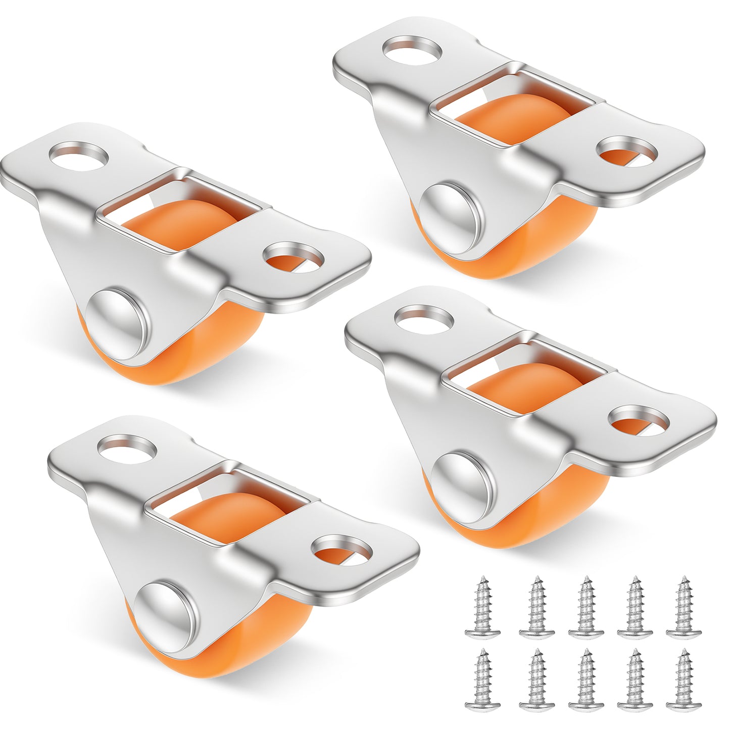 Mini Fixed Drawer Rubber Caster Wheels, 4 Packs 0.5 Inch Non Swivel Small Rigid Low Profile Roller Castors, Heavy-Duty Steel Frame, for Home Furniture and Under-Bed Storage, with 10 Screws, Orange