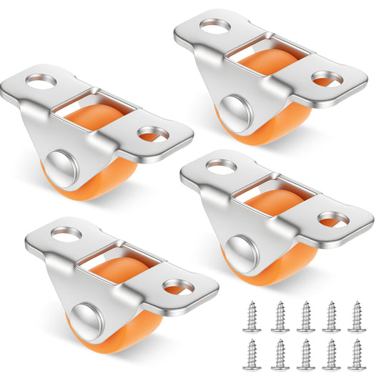 Mini Fixed Drawer Rubber Caster Wheels, 4 Packs 0.5 Inch Non Swivel Small Rigid Low Profile Roller Castors, Heavy-Duty Steel Frame, for Home Furniture and Under-Bed Storage, with 10 Screws, Orange