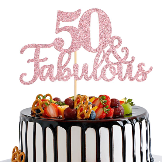 1 PCS 50 & Fabulous Cake Topper, 50th Birthday Cake Decorations, Happy 50th Birthday Cake Topper, Glitter Fifty and Fabulous Cake Toppers, Cheers to 50 Years Old 50th Birthday Cake Pick, Rose Gold