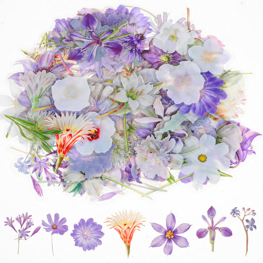 Natural Flower Stickers for Scrapbooking, 124 Pcs PET Scrapbook Stickers Including Purple and White Plant Stickers Clear Jars Stickers Clear Self-Adhesive Floral Stickers for Journaling Scrapbooking