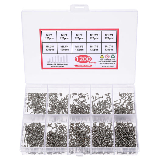 1200 Pcs Mini Screw Kit M1/M1.2/M1.4/M1.7 Micro Phillips Head Screws Small Self-Tapping Screws Kit Phillips Pan Head Mini Screws for Sunglasses Electronic Product Watch Repair