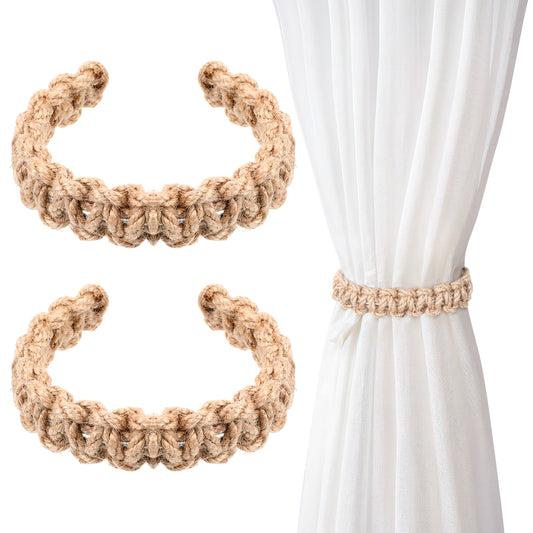 2 Pcs Boho Curtain Tiebacks Rustic Style Braided Curtain Tiebacks Hemp Rope Curtains Tie for Thin Light Weight Drapery for Home Bedroom Office Outdoor