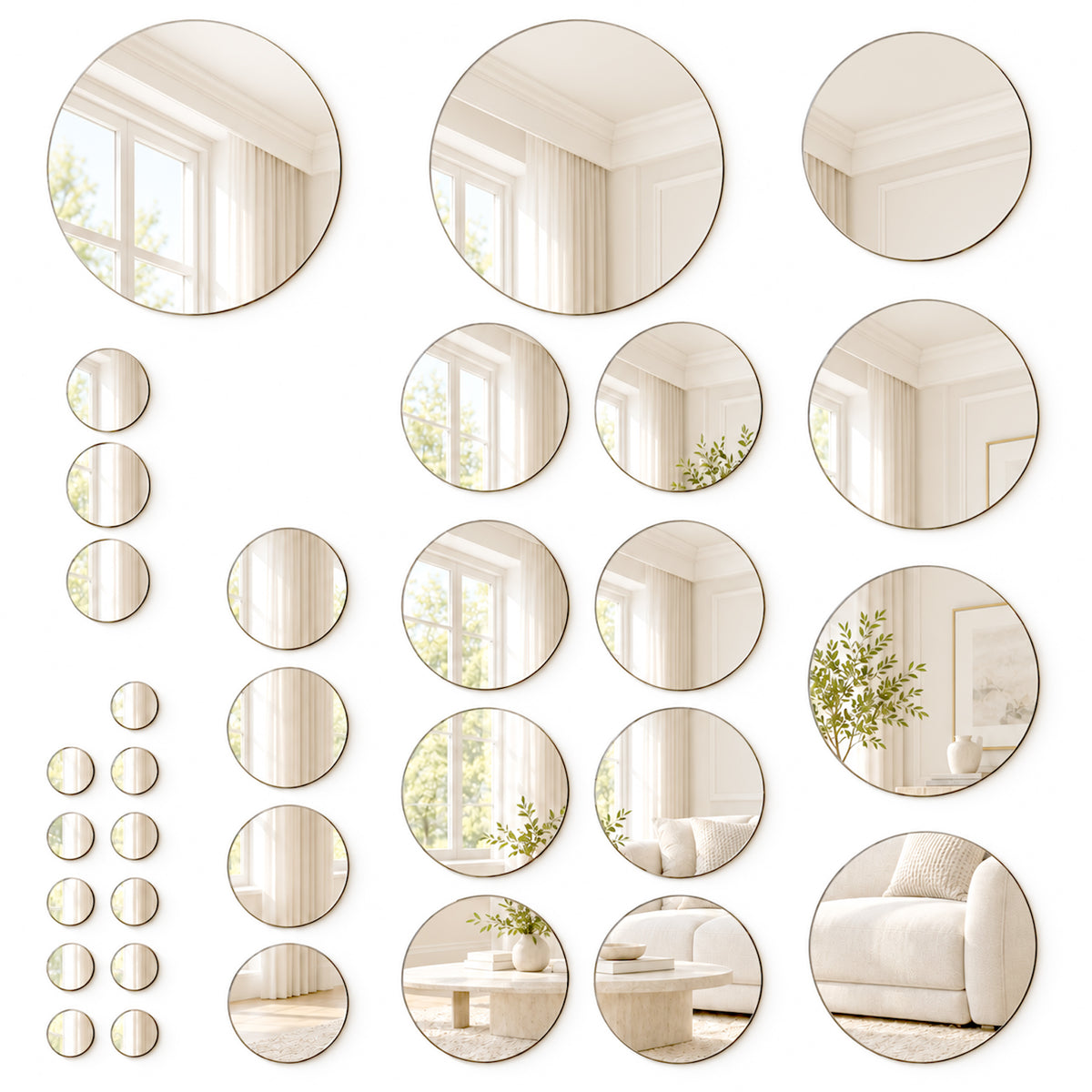 Small Round Mirror Stickers, 32 Pcs 6 Sizes Adhesive Circle Mirror Tiles