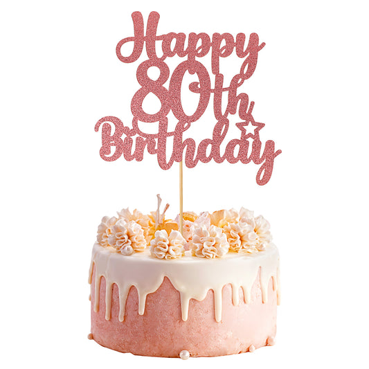 80th Birthday Cake Topper, 1 Pcs Glitter Rose Gold Happy Birthday Cake Topper 80 Years Old Birthday Cake Pick for 80th Birthday Decorations Celebrating Anniversary Party Supplies