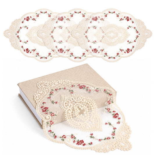 3 Pack Lace Placemats Retro French Lace Doilies Embroidered Flower Vintage Cup Mat Table Place Mats for Home Kitchen Wedding Decoration(14.5x9.8inch, Beige)