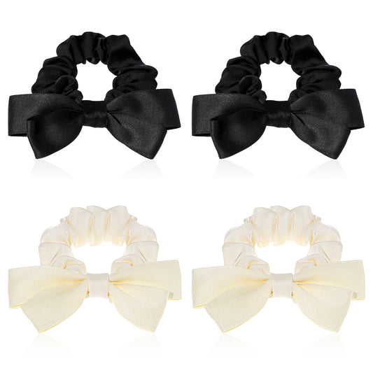 4 Pcs Bow Elastic Hair Ties Hair Scrunchies for Women Girls Knotted Bow Silk Hair Ties Satin Hair Ribbon Scrunchy Elastic Hair Ties Elastic Ropes Ponytail Holders（2 Black & 2 White）