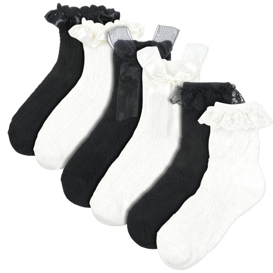 Vin Beauty 6 Pairs Traditional Socks for Women Sizes 35-40, Ruffle Socks, Cute Ankle Socks with Lace, Breathable Princess Ballet Sock for Girls & Women, Black & White