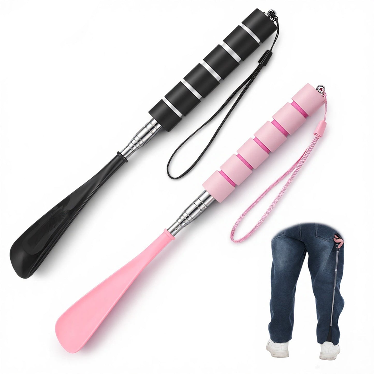 Xelsluthe 2 PCS Shoe Horn Long Handle for Seniors, Retractable Stainless Steel Foldable Shoe Horn, Adjustable Length Shoes Helper for Travel Women (Black, Pink)