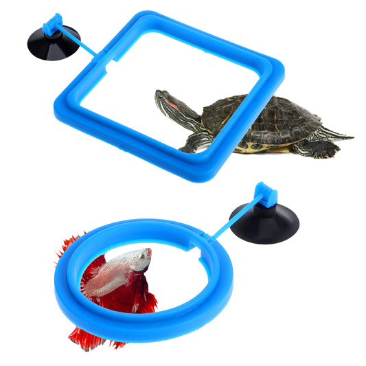 2 Pcs Fish Feeding Ring, Aquarium Feeding Ring Turtle Tank Accessories Automatic Square and Round Floating Food Feeder with Suction Cup for Betta Guppy Goldfish (Blue)