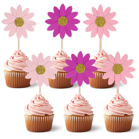 24PCS Daisy Cupcake Toppers Chrysanthemum Cupcake Toppers Spring Daisys Flower Cake Picks 70s Groovy Hippie Chrysanthemum Daisy Cupcakes Decorations for Birthday Wedding Supplies, Rose Red Pink
