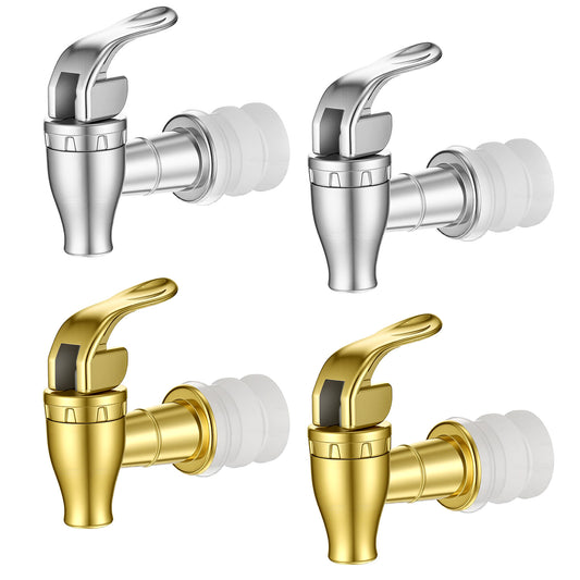 4 Pcs Replacement Spigot for Beverage Dispenser, Plastic Water Spigot Dispenser Replacement Parts, Drink Spout Faucet Water Dispenser Push Style Faucet Tape Set for Juice Wine Beer, 2 Silver+2 Gold
