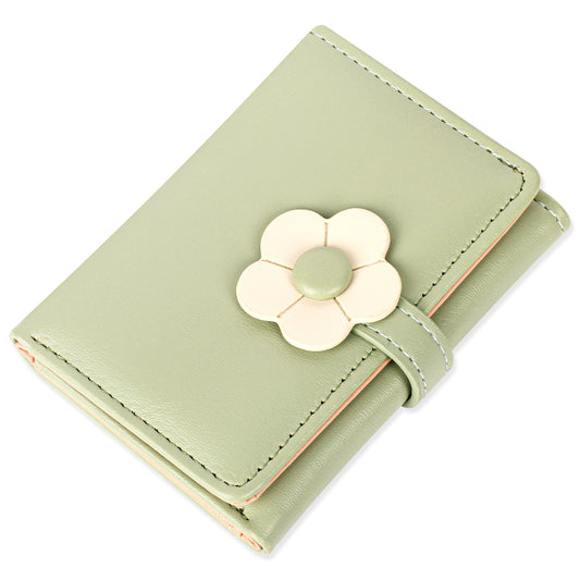 Small Wallet for Women, Female Wallet, Cute Coin Purse, Small Card Wallet for Women, Green Slim Trifold Wallet with Flower Design Buckle, Mini Leather Wallet with ID Window Card Holder for Women Girls