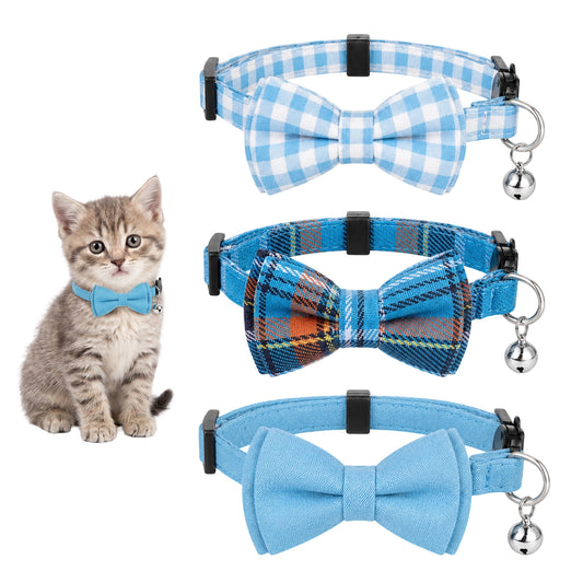3 Pcs Cat Bowtie Collar Adjustable Cat Bow Tie with Bells and Bow Tie Kitten Plaid Breakaway Cats Collar Boy for Kitten Puppy and Small Pets
