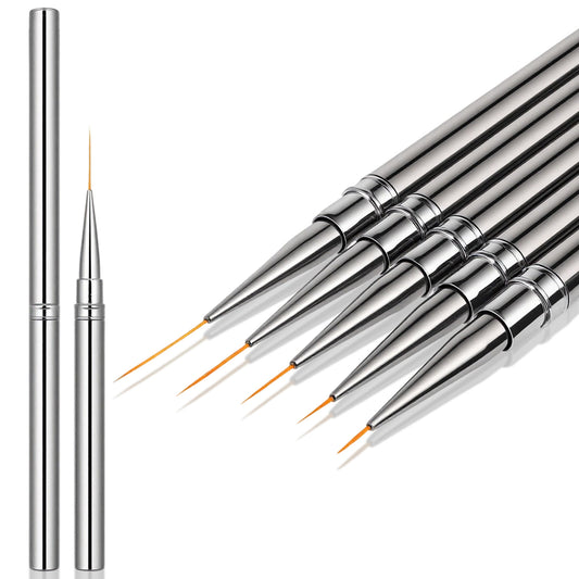 Metallic Nail Art Brushes, 5Pcs Liner Brushes for Nails Detail Brush Dotting Painting Tools Thin Nail Art Brush for Gel Polish Long Lines Thin Details Fine Drawing, Sizes 6/9/12/15/18mm (Silver)