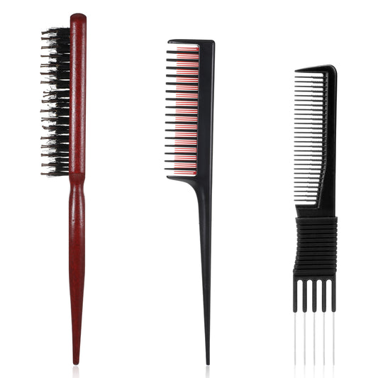 3 Pcs Teasing Combs for Women, Includes Black Carbon Lift with Metal Prong, Triple Pin Rat Tail Comb, Nylon Bristle Hair Brush for Women Stylist Men, Backcombing Slicking Curly Thick Wet Hair