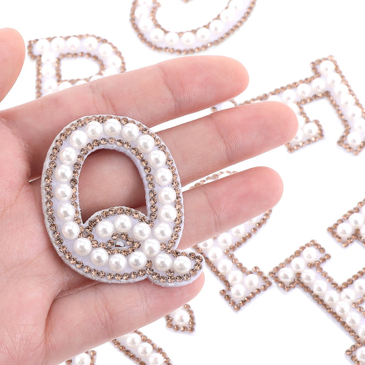 Rhinestone Iron on Patch Pearl Rhinestone Letter Patches Pearl Letter Stickers A to Z Letter Appliques Gold Iron on Letters Chenille Letter Patches Iron on Letters for Clothing DIY Craft Supplies