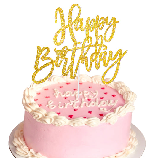 Happy Birthday Cake Topper, Gold Glitter Birthday Party Cake Decoration Supplies, Happy Birthday Cake Pick for Photo Booth Props, Happy Birthday Cake Bunting Decor for Anniversary Party Decoration