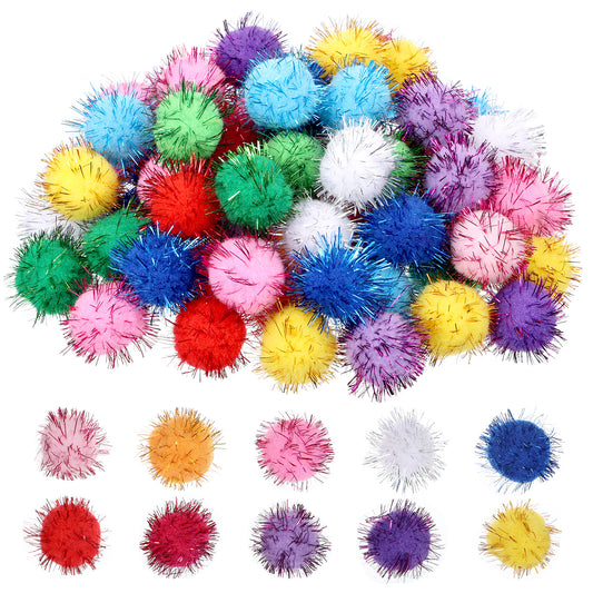 Xosjska 70 Pack Cat Pom Pom Balls Assorted Color Sparkle Balls Interactive Cat Toys Soft Cats Puff Ball Glitter Tinsel Fuzzy Ball for Cats Creative Crafts Decorations, Exercise and Entertainment