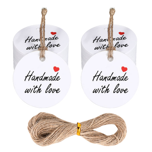 100Pcs Handmade with Love Tags White Handmade Gift Tags Kraft Paper Hanging Tags with String 1.2” Round Gift Labels with 66 ft String Handmade Tags for Crafts Candle Tins Wedding Birthday Party Favor