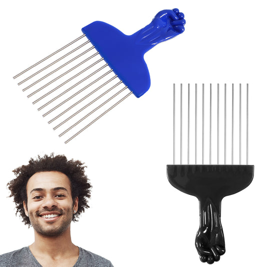 Hair Picks for Women, 2 Pcs Hair Pick for Black Men Metal Hairs Pick Comb Afro Picks for Men and Women Curly Hairs Detangling Wig Braid Hairstyling Tool (Black, Blue)